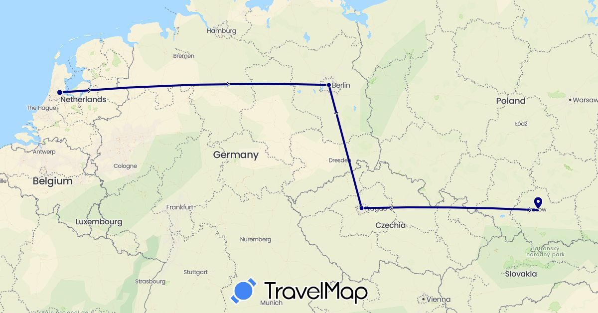TravelMap itinerary: driving in Czech Republic, Germany, Netherlands, Poland (Europe)